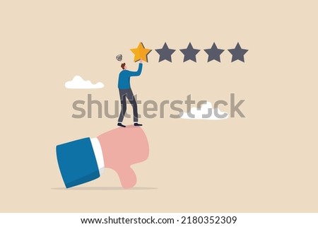 Negative feedback, bad review or one star customer feedback, terrible or poor quality user experience, low rating result or disappointment concept, unhappy man on thumb down giving bad review star. ストックフォト © 
