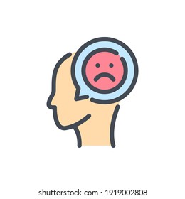 Negative feedback color line icon. Head with chat message and sad face vector outline colorful sign.