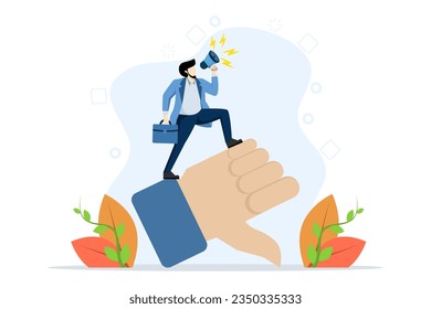 negative feedback concept, discrediting or blaming others, intimidating and despairing, fake news or bad businessman with megaphone discrediting and blaming others with thumbs down symbol.