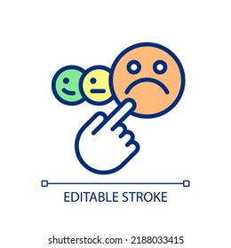 Negative feedback pixel perfect RGB color icon. Customer dissatisfaction. Bad review. Angry consumer. Isolated vector illustration. Simple filled line drawing. Editable stroke. Arial font used