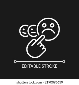 Negative feedback pixel perfect white linear icon for dark theme. Customer dissatisfaction. Angry consumer. Thin line illustration. Isolated symbol for night mode. Editable stroke. Arial font used