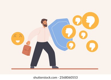 Negative feedback pressure, protection from criticism. Tiny businessman holding shield and briefcase to protect against negative messages and thumbs down of critics cartoon vector illustration