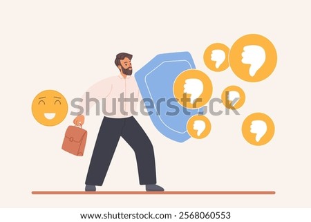 Negative feedback pressure, protection from criticism. Tiny businessman holding shield and briefcase to protect against negative messages and thumbs down of critics cartoon vector illustration
