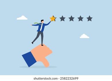 Negative feedback, unhappy man on thumb down giving bad review star