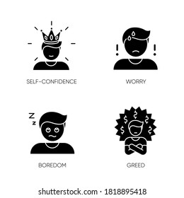 Negative feelings and bad traits black glyph icons set on white space. Human emotions, personal feelings silhouette symbols. Self confidence, worry, boredom and greed. Vector isolated illustration