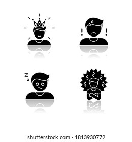 Negative feelings and bad traits drop shadow black glyph icons set. Human emotions, personal feelings. Self confidence, worry, boredom and greed. Isolated vector illustrations on white space