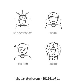 Negative feelings and bad traits pixel perfect linear icons set. Customizable thin line contour symbols. Self confidence, worry, boredom, greed. Isolated vector outline illustrations. Editable stroke