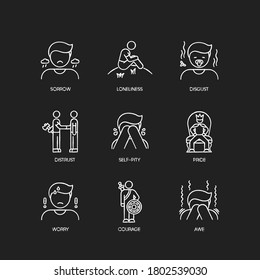 Negative feelings chalk white icons set on black background. Bad emotions, psychological states. Human behaviour, reactions and emotional expressions. Isolated vector chalkboard illustrations