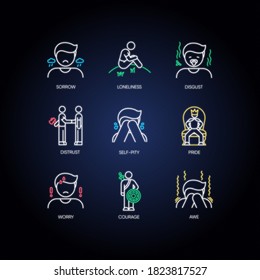 Negative feelings neon light icons set. Emotions, psychological states signs with outer glowing effect. Human behaviour, reactions and emotional expressions. Vector isolated RGB color illustrations