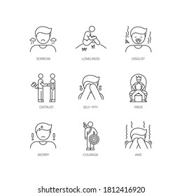 Negative feelings pixel perfect linear icons set. Bad emotions, mental states customizable thin line contour symbols. Emotional expressions. Isolated vector outline illustrations. Editable stroke