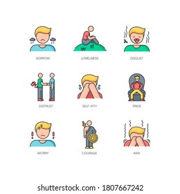 Negative feelings RGB color icons set. Bad emotions, psychological states. Human behaviour, reactions and emotional expressions. Isolated vector illustrations