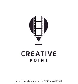 Negative Film Strip Pencil with Hot Air Balloon and Location Pin for Creative Film Movie Video Photo Cinematography logo design 