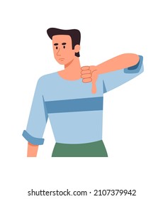 Negative gesture concept. Young man with disgruntled expression gives bad grade with thumbs down. Metaphor for Bad idea or rejection. Cartoon flat vector illustration isolated on white background