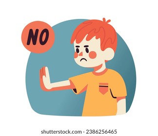 Negative gestures. Boy saying no, showing palm as stop sign, stay, hold or rejection gesture. Sign language, emotions expression. Flat graphic vector illustration isolated on white background