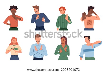 Negative gestures. Finger language, non verbal communication. Diverse people disagree. Rejection signs. Sign language, emotions expression. Set of vector illustrations isolated on white background