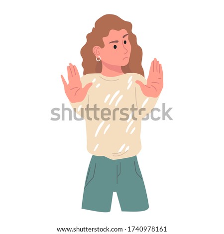 Negative gestures vector illustrations. Disagree and stop consept. Hand language refuse. Woman disagree and rejection signs. Sign language, emotions expression.