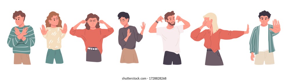 Negative gestures vector illustrations set. Disagree and stop consept. Hand language refuse. People disagree and rejection signs. Sign language, emotions expression.