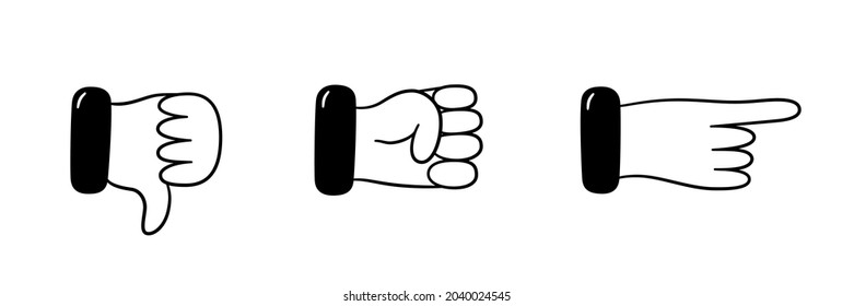 Negative hand and finger gestures. Dislike, fist, point with your finger. Vector illustration isolated in doodle style on white background.