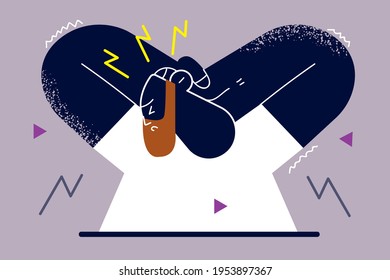 Negative human emotions and feelings concept. Young bearded man cartoon character clenching head despair, regretting something and feeling bad vector illustration 