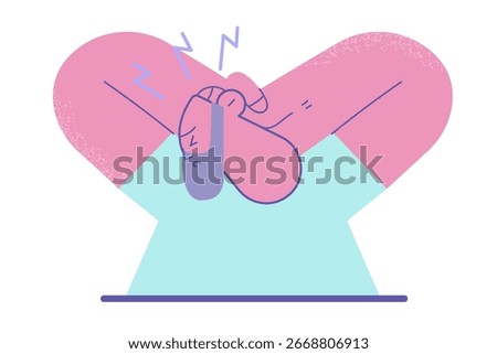 Negative human emotions and feelings concept. Young bearded man cartoon character clenching head despair, regretting something and feeling bad vector illustration