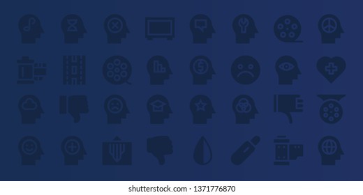 negative icon set. 32 filled negative icons. on blue background style Collection Of - Mind, Reel, Strip, Dislike, Film roll, Big screen, Negative, Unhappy, Pregnancy test, Thumbs down