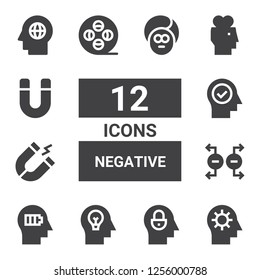negative icon set. Collection of 12 filled negative icons included Mind, Magnet, Film reel, Face