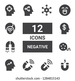 negative icon set. Collection of 12 filled negative icons included Magnet, Mind, Film reel, Emotion, Face, Positive ion