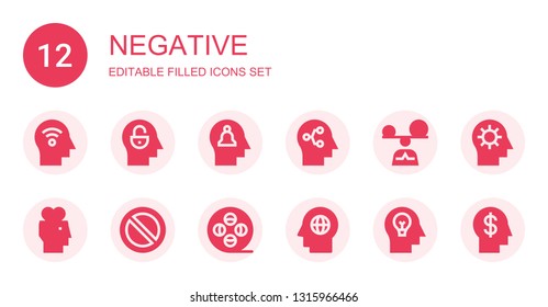 negative icon set. Collection of 12 filled negative icons included Mind, Mindfulness, Forbidden, Film reel