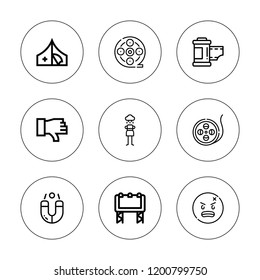 Negative icon set. collection of 9 outline negative icons with angry, big screen, camera roll, dislike, film reel, magnet, pessimistic icons. editable icons.
