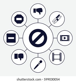 negative icons set. Set of 9 negative filled icons such as nail sawing, sawing, dislike, movie tape, minus