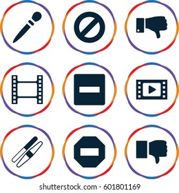 negative icons set. Set of 9 negative filled icons such as nail sawing, sawing, dislike, movie tape, minus