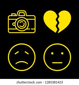 negative icons set with sadness on emoticon outlined face, broken heart divided in two parts and film camera vector set