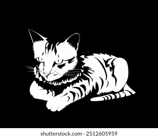 negative illustration of cat image, negative illustration of cat relaxed eyeing prey