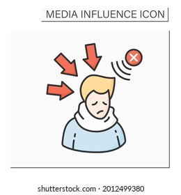 Negative influence color icon. Person depressed and upset with negative media influence and bad press attack. Information overload concept.Isolated vector illustration