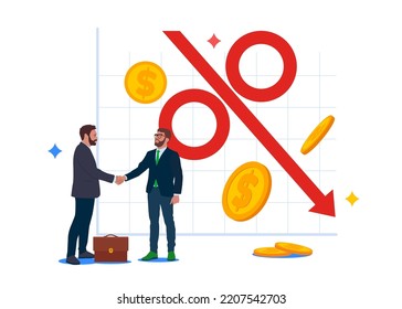 Negative interest rates in investment financial recession. Crisis monetary policy number below zero growth. Businessman deal. Flat vector illustration.