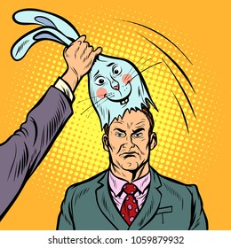Negative man under the mask of a good Bunny. Pop art retro comics cartoon vector illustration kitsch drawing