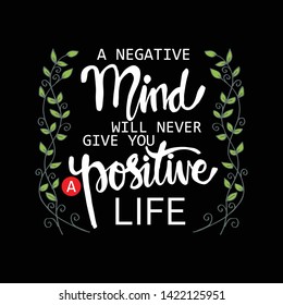 A negative mind will never give you a positive life. Motivational quote.