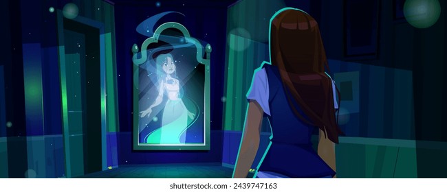 Negative mirror person for woman self in house. Haunted character with evil ego design in room. Scary dark interior and dream with lurking creature. Horror and mystery corridor scene with nightmare