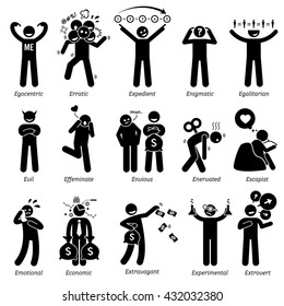 Charaktereigenschaften negativer und neutraler Personen. Stick Figures Man Icons. Beginnend mit dem Alphabet E.