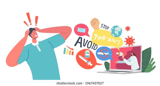 Negative News, Panic, Disaster Concept. Stressed Male Character Holding Head Looking on Laptop Screen with Tv Presenter Broadcasting Bad Newsfeed of Life Problems. Cartoon People Vector Illustration