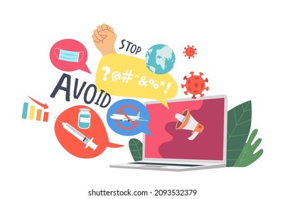 Negative News, Panic, Disaster, Infodemic Concept. Laptop Screen with Megaphone Broadcasting Bad Newsfeed of Life Problems, War, Coronavirus Pandemic, Drugs and Issues. Cartoon Vector Illustration