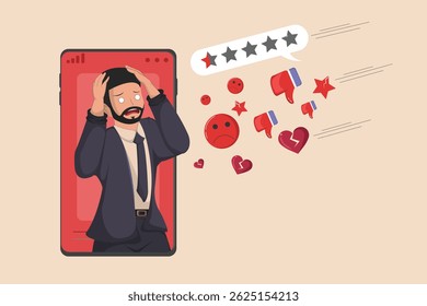 Negative Online Feedback Overload Man Stressed by Low Ratings and Disapproving Reactions on Social Media.