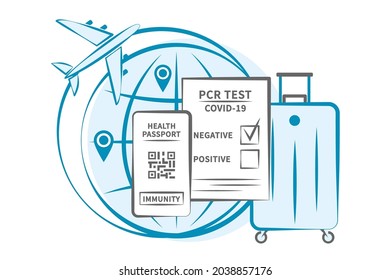 Negative PCR test for coronavirus, digital immune passport for flight  travelers. New travel requirements after COVID-19 pandemic. Vector illustration