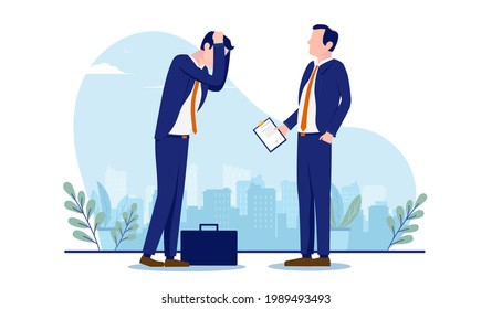 Negative Performance Review - Man Receiving Bad News From His Boss, Feeling Bad And Sad. Vector Illustration With White Background.