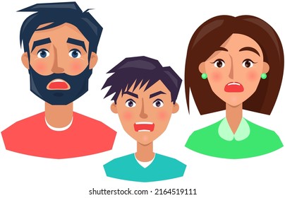 Persona negativa frunciendo el ceño a la gente disgustada. Familia con emoción de indignación, calma. Cara disgustada del personaje femenino. Ilustración vectorial de hombre infeliz. Expresando emoción humana, descontento