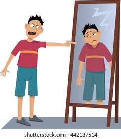 A negative person screaming at his own sad reflection in the mirror, EPS 8 vector illustration, no transparencies