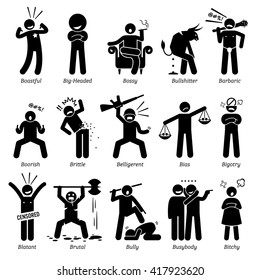 Charaktereigenschaften negativer Personen. Stick Figures Man Icons. Beginnend mit dem Alphabet B.