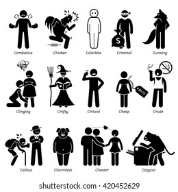 Negative Personalities Character Traits. Stick Figures Man Icons. Starting with the Alphabet C.