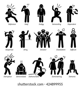 Negative Personalities Character Traits. Stick Figures Man Icons. Starting with the Alphabet D.