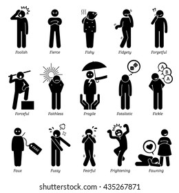 Negative Personalities Character Traits. Stick Figures Man Icons. Starting with the Alphabet F.